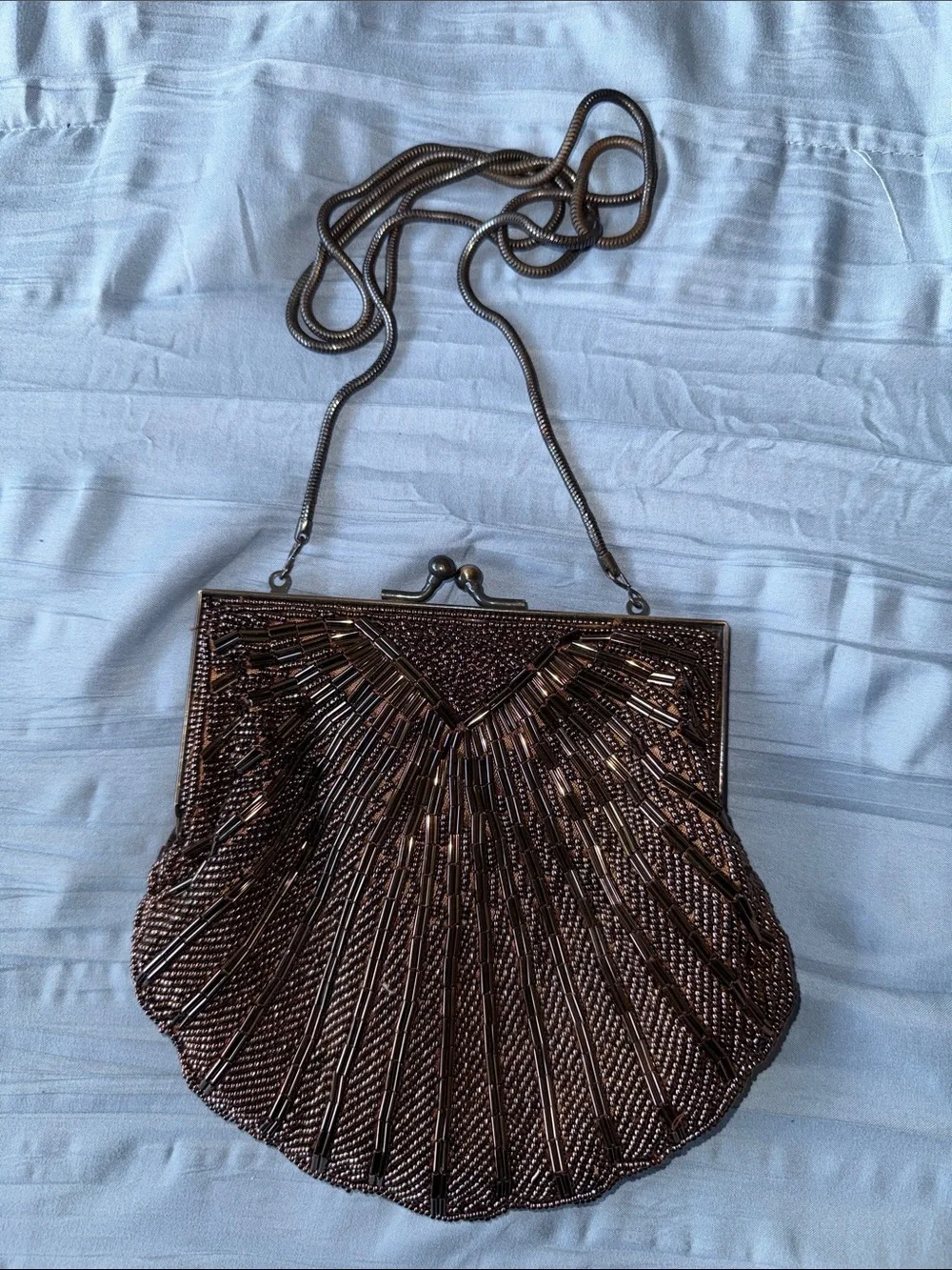 Vintage “Walborg” Deco Beaded Clam Shell Evening Purse Copper Bronze Chain